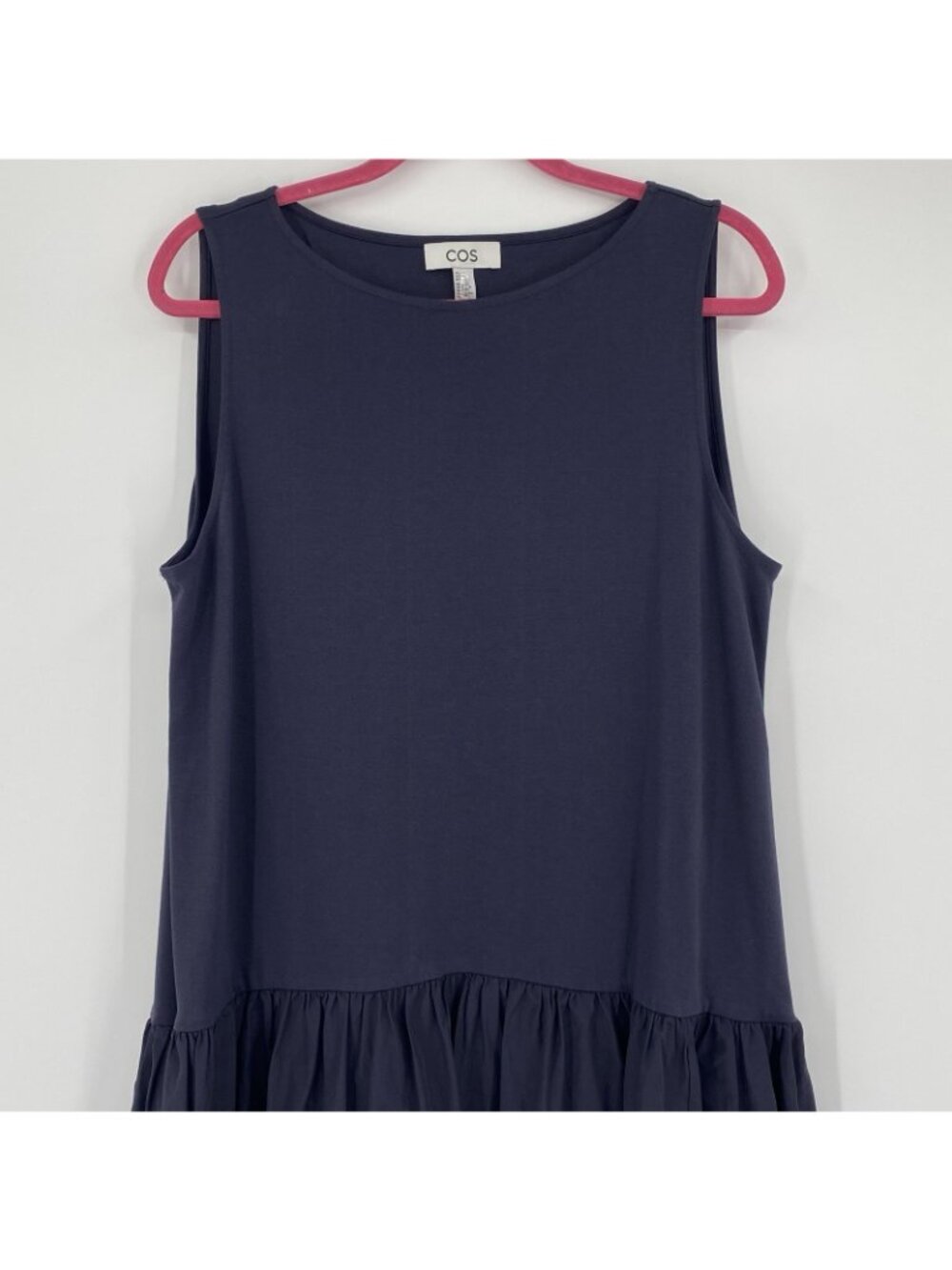COS Size L Navy Blue Midi Dress Sleeveless Contrast Gathered Tiered Minimalist - Picture 7 of 16